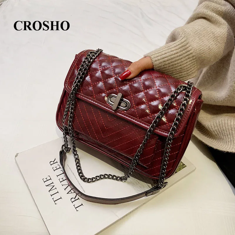 

CROSHO Black Lacing Bag Crossbody Lady Bag Large Capacity Single Shoulder Bag Chain Bag Diamond Lattice Flap