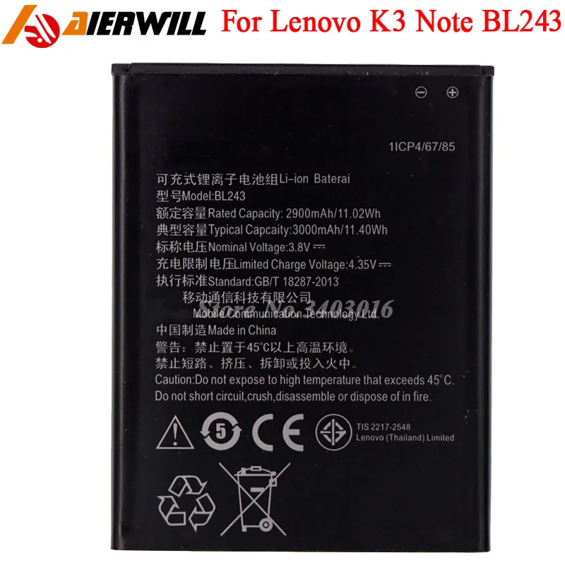 

BL243 Battery For Lenovo Lemon K3 Note K50-T5 A5600 A7600 A5500 A7000 Batterie Bateria Accumulator AKKU 3000mAh