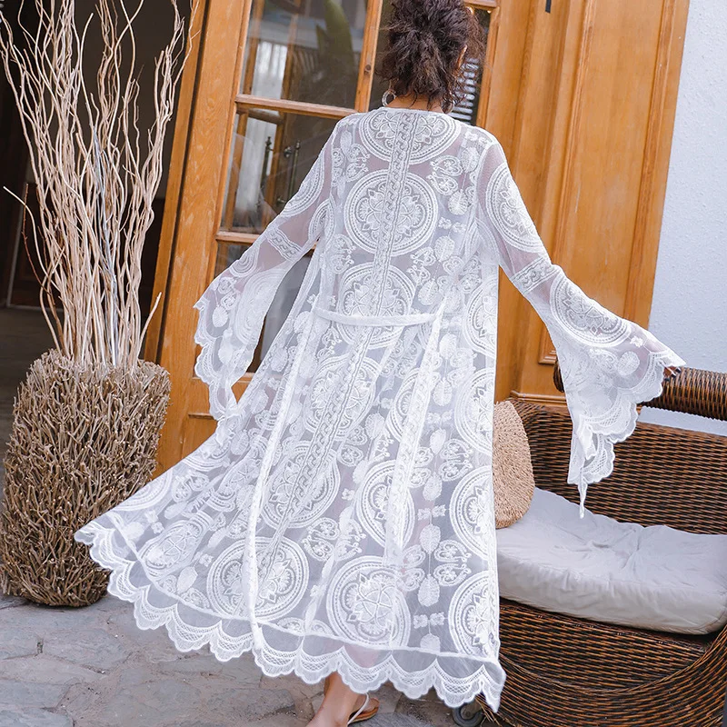 

Dress For Beach 2019 Outings Tunic Summer Cover Up Plus Size Saida De Lace Clothing New Trumpet Long Sleeve Mid Women Swimming
