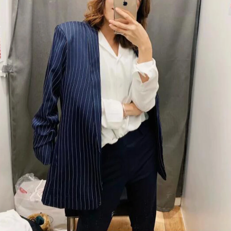 Women Chic Striped Jacket Blazer Side Pockets Pleat Long Sleeve Open Stitch Coat Female Work Office Lady Casual Tops Outwear