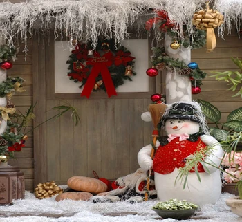 

10x10FT Snowman Broom Thatched Wooden House Garland Door Pumpkin Christmas Photography Backdrop Studio Background Vinyl 8x8 8x10
