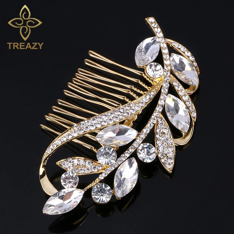

TREAZY Elegant Crystal Wedding Tiara Gold Color Olive Branch Leaf Bridal Hair Combs Women Hair Jewelry Accessories