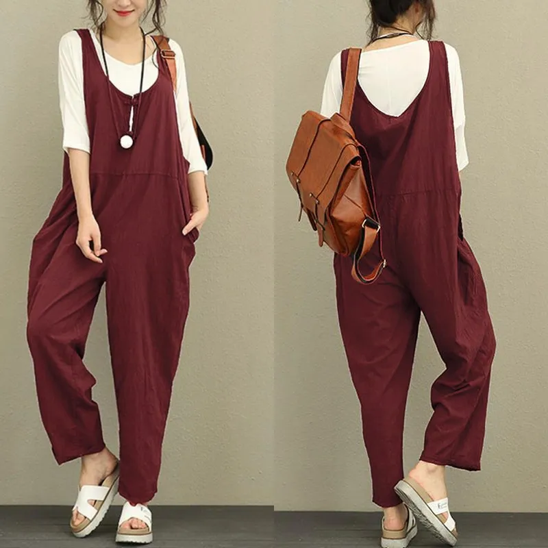 Celmia Women Jumpsuit 2018 Summer Autumn Casual Bottom Sleeveless Backless Rompers Solid Loose Linen Playsuit Plus Size Overalls Jumpsuits and Playsuits