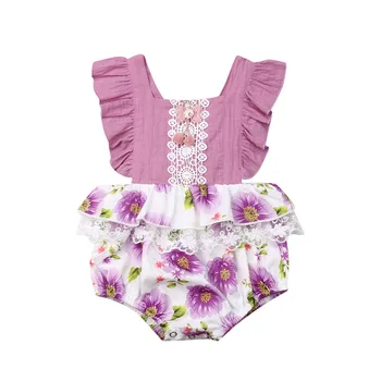 

2019 Newborn Infant Baby Girls Ruffles Romper Purple Flower Jumpsuit Summer Baby Girls Clothes Costumes