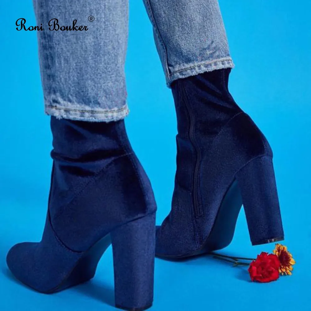

Roni Bouker Sale Blue Velvet Ankle Boots Women Round Toe Slip On Booties Spring Woman Chunky Heels Size 39