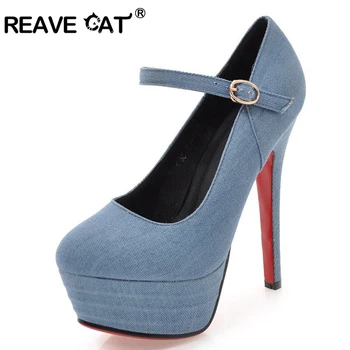 

REAVE CAT New Brand Large size 34-43 Customized Denim Round toe Woman shoes bukcle Women sexy Super high heeled Ankle style A279