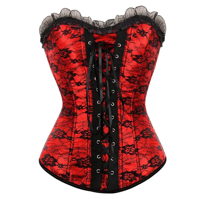 Women's Lace Cover Overbust Corset Lace Up Boned Lingerie Zipper Side Carnival Waist and Body Shaper Bustier Plus Size red
