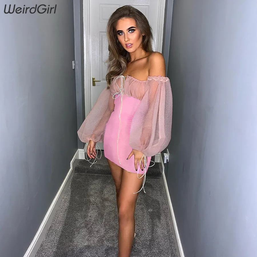 

Weirdgirl women fashion dress see through solid pink sheath sash neck lantern sleeve lady party club bodycon dress summer new