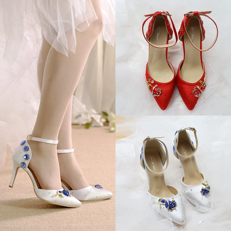

Crystal Rose Flower Wedding Shoes High Heel Pointed Toe Satin Women Sandals with Ankle Strap Rhinestone Party Banquet Bridesmaid