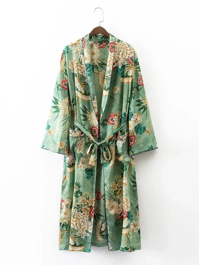 Ladies long holiday printed long-sleeved cardigan sun kimono loose jacket print wide leg pants Ladies long holiday printed long-sleeved cardigan sun kimono loose jacket print wide leg pants