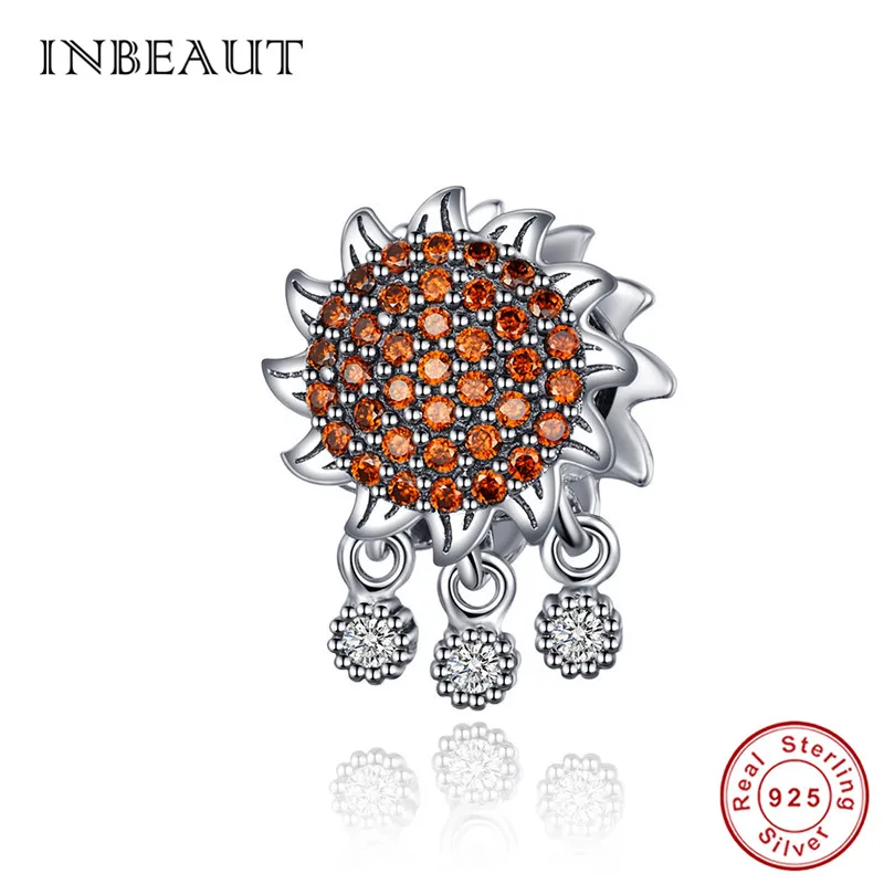 

INBEAUT 100% Real Original 925 Sterling Silver Brown Zircon Sunflower Beads Summer Blossom Charms fit Pandora Bracelet Jewelry