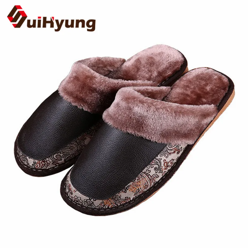 

Suihyung Winter Warm Women Men Home Slippers PU Leather Indoor Floor Shoes Soft Bottom Plush Slippers Lovers Bedroom Slippers
