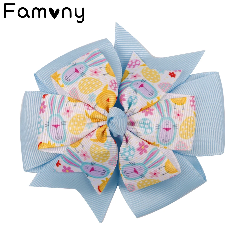 

4 '' Easter Day Hair Bow Easter Rabbits Colorful Eggs Printed Hair Clips Handmade Grosgrain Ribbon Festival Hair Accessories