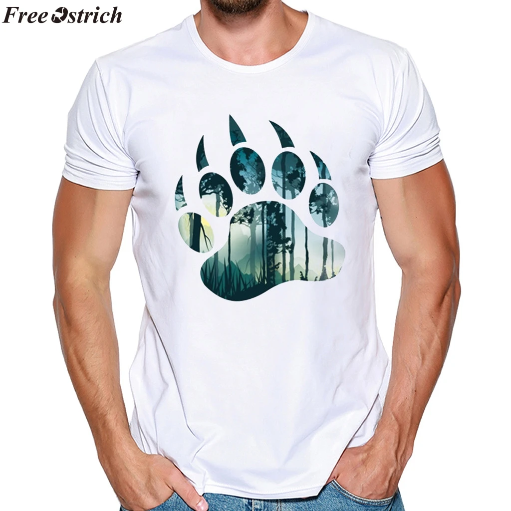 

FREE OSTRICH summer cotton men's bear paw print short-sleeved T-shirt O-neck male loose white comfortable casual tops plus size