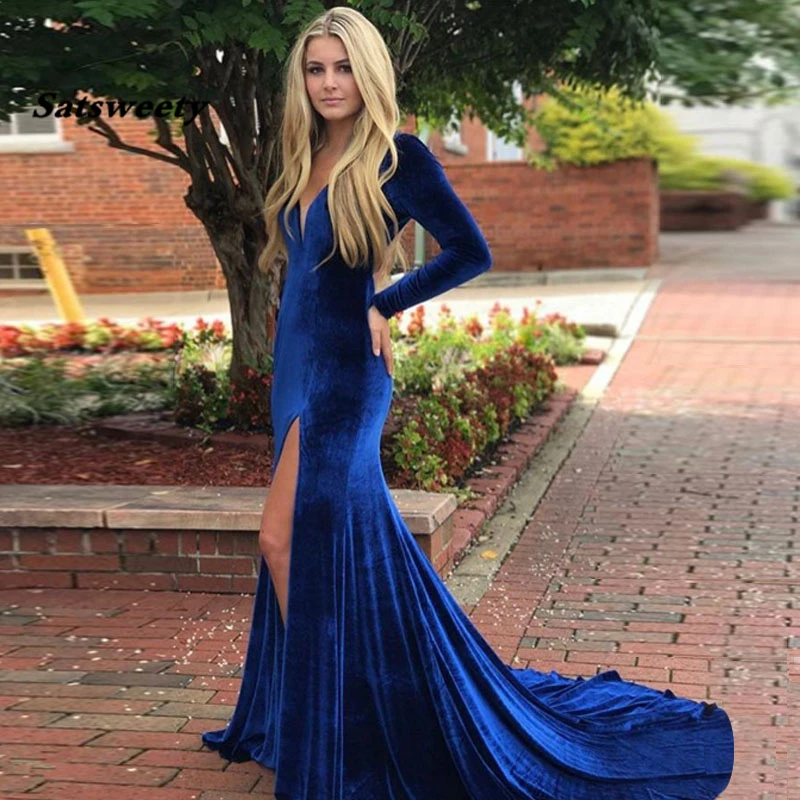 Long-Sleeves-Velvet-Mermaid-Prom-Gowns-V-Neck-High-Split-Royal-Blue-Open-Back-Sexy-Women