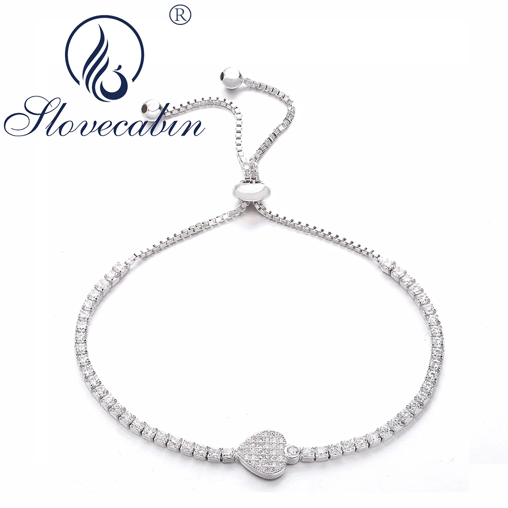 

Slovecabin Pure 925-Sterling-Silver Heart Adjustable Bracelets With Clear CZ For Women Mujer Pulseira Feminina Bijoux Jewelry