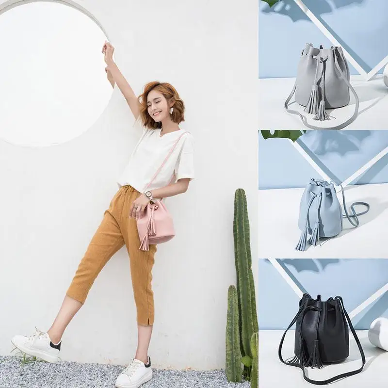 Women Fashion messenger bag All-match Solid Color Vintage Tassel Drawstring Bucket Shoulder Bag leather Fashion crossbody bags