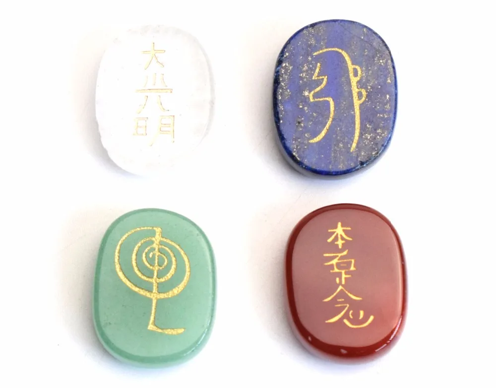 Natural Carnelian Crystal Healing Palm Stones Engraved Usui Reiki Symbols Set 
