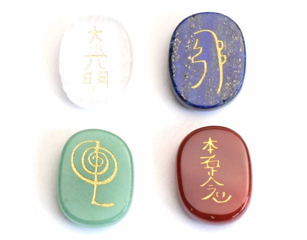 Set Of 4 Pieces Natural Tumbled Chakra Palm Stones Engraved Balance Usui Reiki Healing Symbols With A Free Pouch Stones Aliexpress