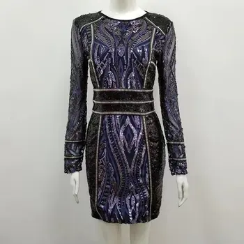 

High Quality Purple Black Long Sleeve Bodycon Bright Dress Deep Homecoming Party Mood Dress