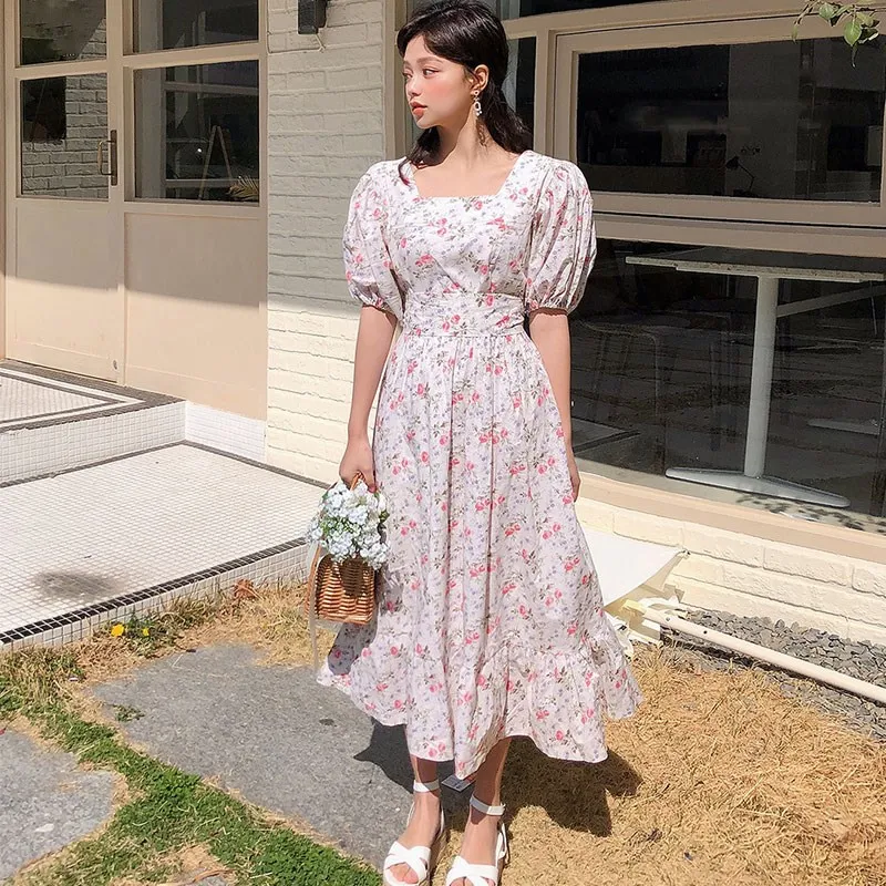 

Fashion Women Square Neck Casual Dress Princess A Line Puff Sleeve Midi Dress Summer Kawaii Robe Floral Print Dress