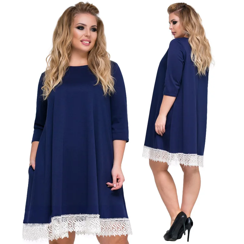 

Big size 6XL 2019 Spring New Woman Lace Dress Loose solid patchwork knee dresses Fat MM plus size women clothing 6xl dress
