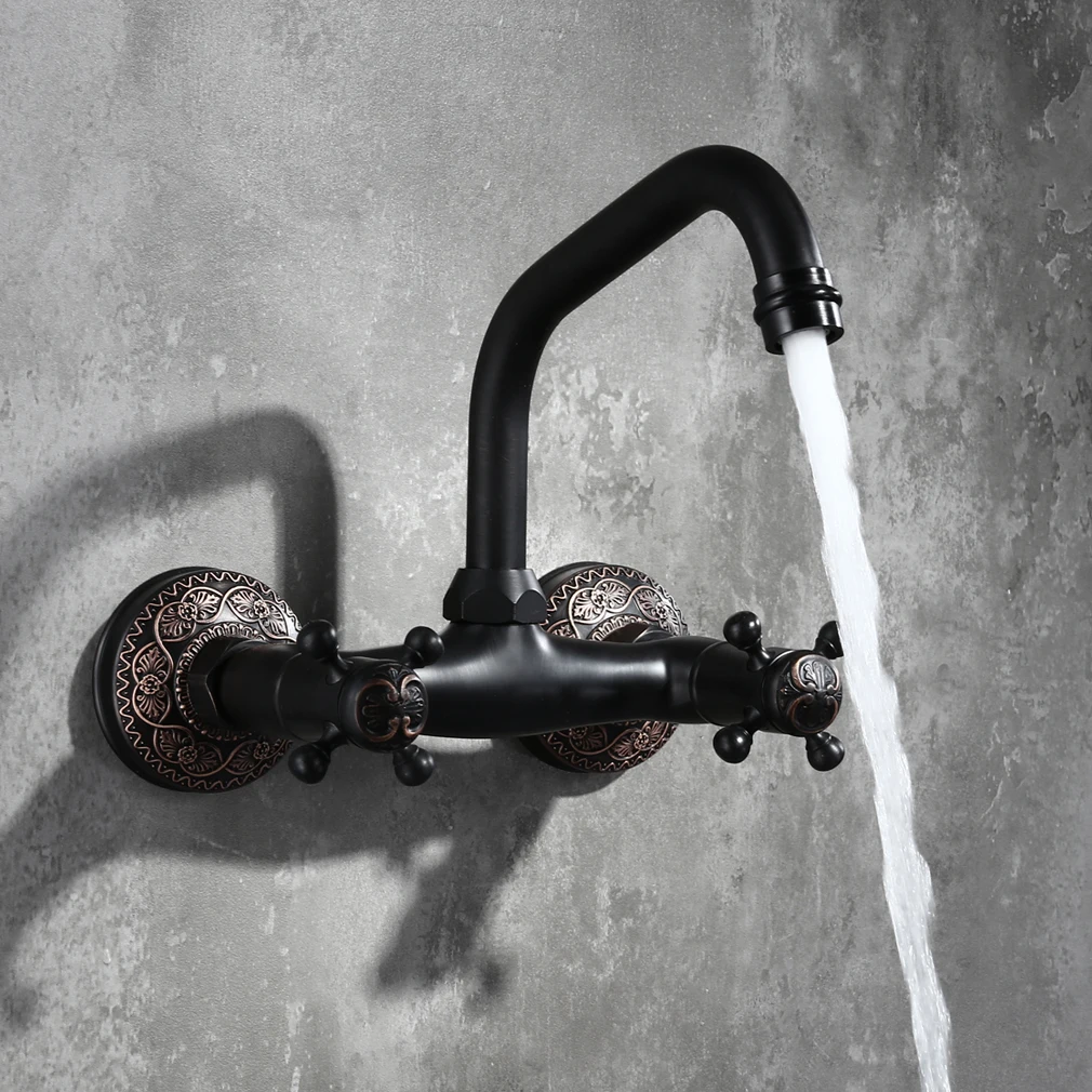 

A1 All copper black faucet wall hot and cold water mixing basin kitchen sink wall wx6051556