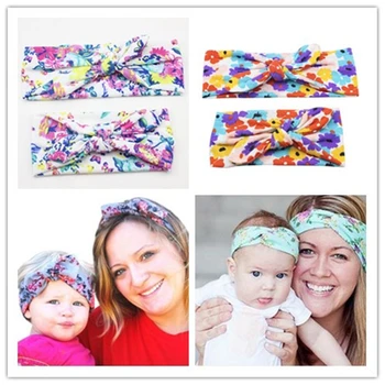 

2Pcs/Set Mom and Me Boho Turban Headband Top Knotted Rabbit Ears Elastic Bowknot Matching Headband Newborn and Mommy Hair Band