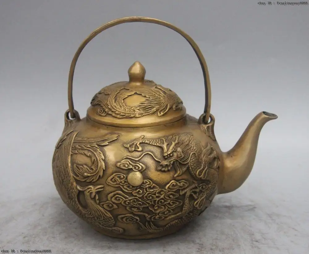 free shipping Chinese Royal Bronze Copper Dragon Phoenix Play Bead Wine