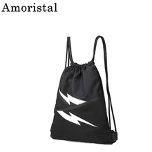Unisex Drawstring Bag Backpack Waterproof Male Outdoor Sports Training Fitness Female Lightning Simple Lightweight Black SY107