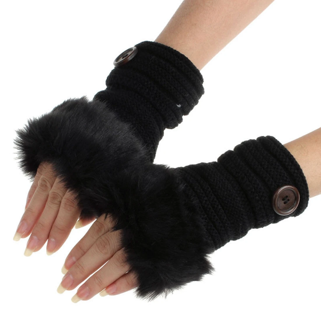 Women Winter Fashion Faux Rabbit Fur Girl Warm Wrist Fingerless Gloves Mittens black