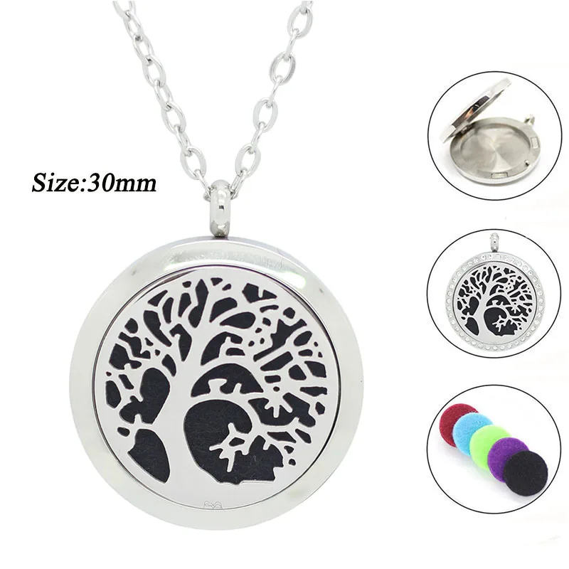 

316L Stainless Steel 30mm tree of life Aromatherapy Necklace 30MM Essential Oil Diffuser Necklace Silver Magnetic Locket Pendant