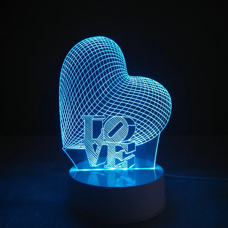 3D Оптические иллюзии настольная лампа ночник, 7 цветов светодио дный лампы, сердце с любовью для детей и взрослых, Любовь Сердце загорается