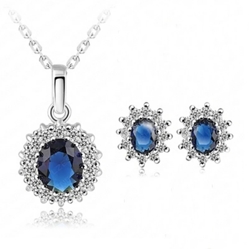 

Fashion Luxury White Oval Blue Crystal Pendant Silver Color Chain Necklace Earrings Jewelry Set for Women Banquet Bride Wedding