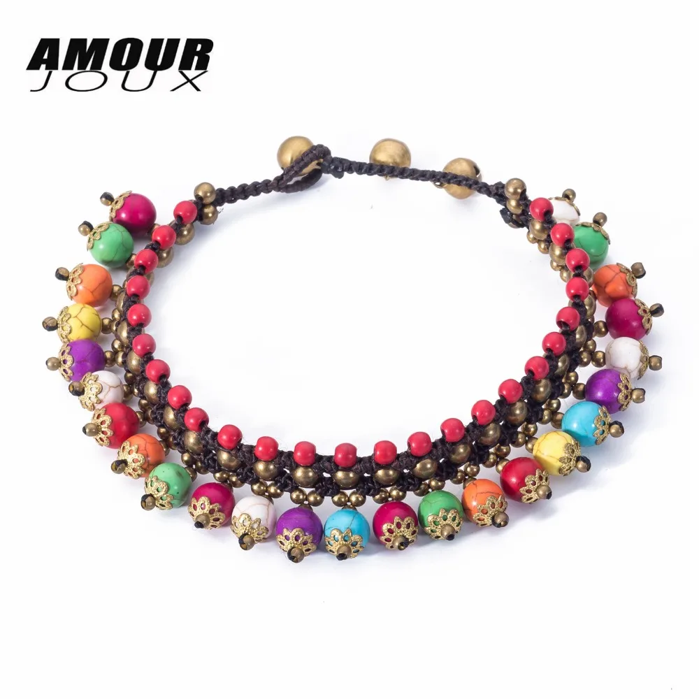 

Handmade Two Layers Woven Colorful Round Stone Charm Anklets For Women Bohemian Ankle Chain Bracelet Foot Jewelry