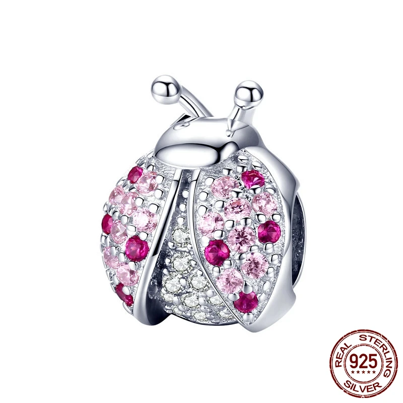 

AKIYAMA real 100% 925 Sterling Silver spring cute Pink Ladybug CZ charms Beads fit Pandora Bracelet necklace DIY Beads Jewelry