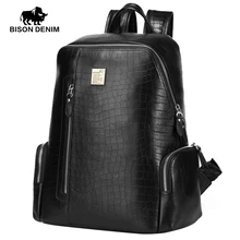 BISON DENIM Genuine Leather 14″ Laptop Backpacks School Backpack Male Travel Backpack Cowhide Crocodile Pattern N2365-1B