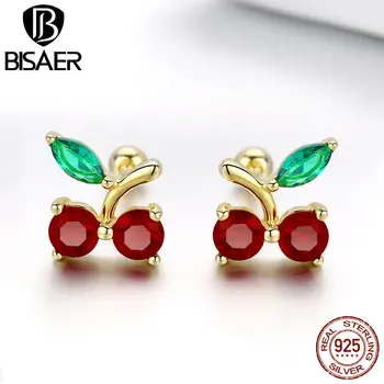 

BISAER 100% 925 Sterling Silver Cherry Fruit Small Earrings Stud Women Red Cherry Fashion Earrings Jewelry ECE543