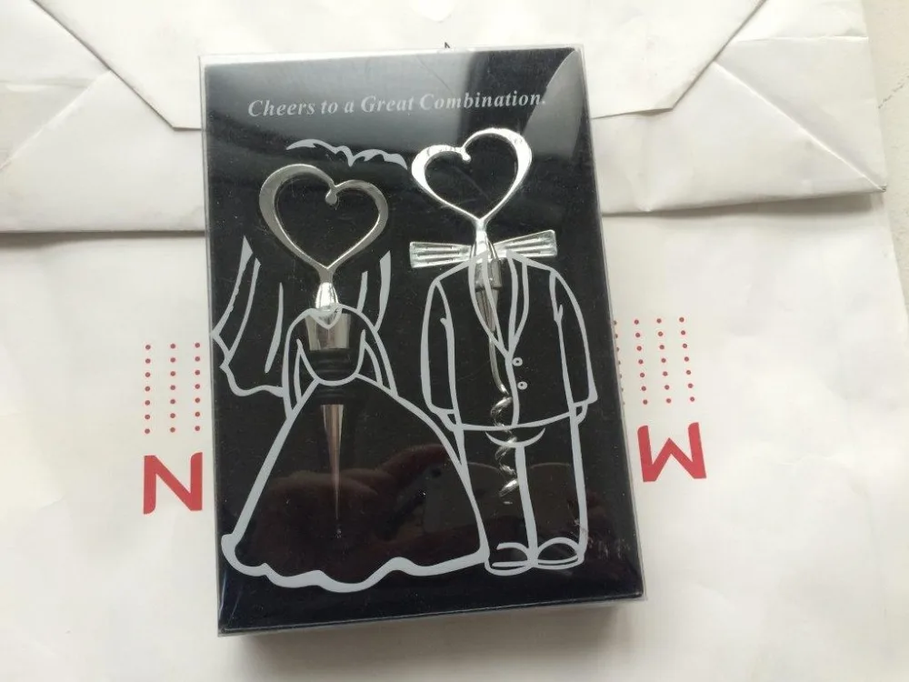 

Free Shipping 100pcs/lot Cheers to a Great Combination Groom Corkscrew & Bride Wine Bottle Stopper Set Wedding Souvenirs