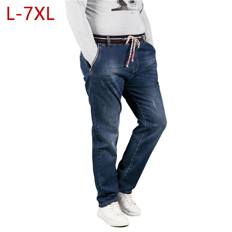 

L-7XL Plus Size Baggy Jeans Mens Fashion Elastic Band Male Denim Overalls High Stretch Cotton Spring Brand Biker Pants Jeans Men