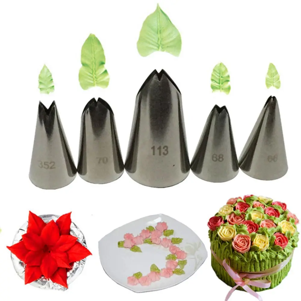 

2019 New 5 Pcs Set Leaves Nozzles Stainless Steel Icing Piping Nozzles Tips Pastry Tips For Cake Decorating Pastry Fondant Tools
