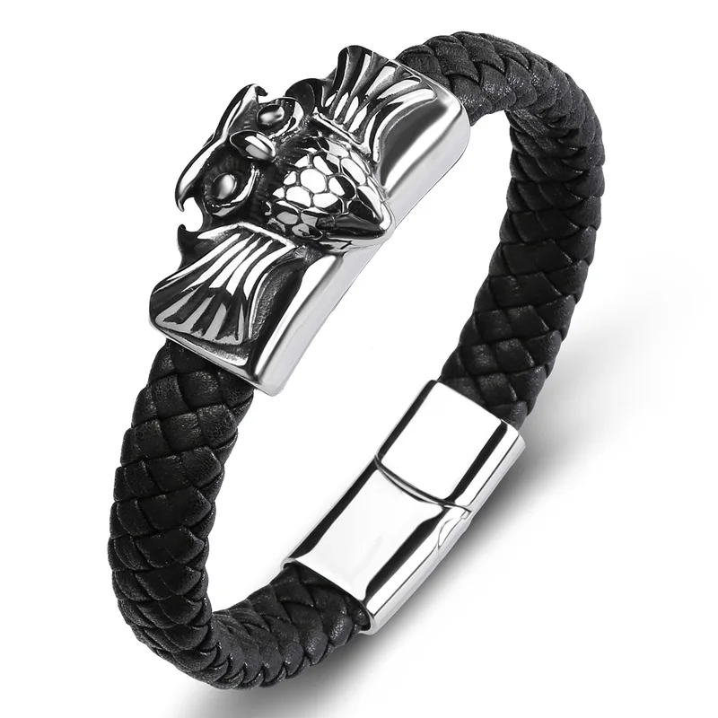 

Punk Black Woven Genuine Leather Bracelet 316L Titanium Steel Owl Fashion Bangle Stainless Steel Magnetic Buckle Charm Bracelets