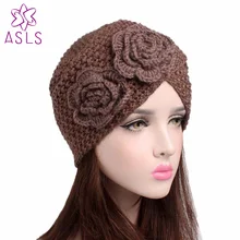 Зимняя вязаная шапочка, повязка на голову, ручная шапочка с двойным цветком, винтажная вязаная тюрбан, головной убор, хиджаб, Женский тюрбан