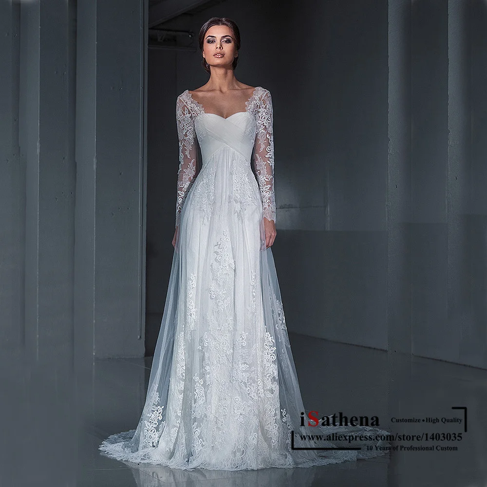 Romantic 2016 Greek Style Lace Illusion Long Sleeves