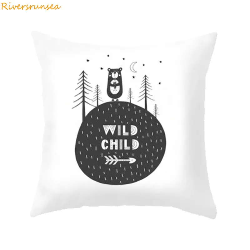 

Child Cushion Cover Chair Scandinavian Pillows Black White Pillow Cases Cushion Cover Hand Draw Forest Be Brave Boy Home Decor