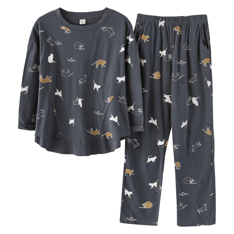 Новая весенняя Осенняя Пижама комплекты пижама с длинным рукавом Для женщин кот пижамы для Для женщин 2 шт./компл. Пижама Mujer Повседневное Pijama Femme
