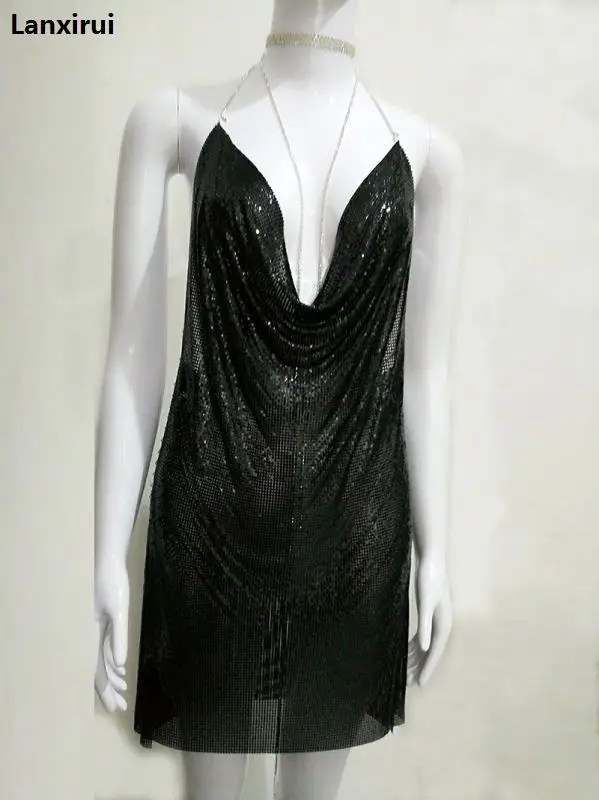 Сексуальный глубокий v-образный вырез с золотыми блестками металлик с лямкой на шее с открытой спиной Вечерние Платье Kendall Jenner для ночного клуба металла летнее платье - Цвет: Черный