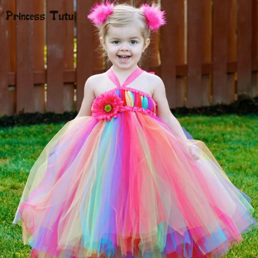 

Handmade Princess Girls Rainbow Tutu Dress Tulle Flower Girl Dresses For Party And Wedding Kids Birthday Dresses Robe Enfant