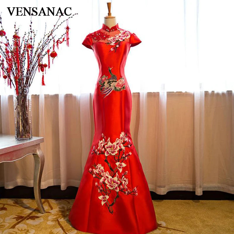 VENSANAC 2018 Vintage Crystal High Neck Pattern Embroidery Mermaid Long Evening Dresses Lace Short Sleeve Party Prom Gowns | Свадьбы и