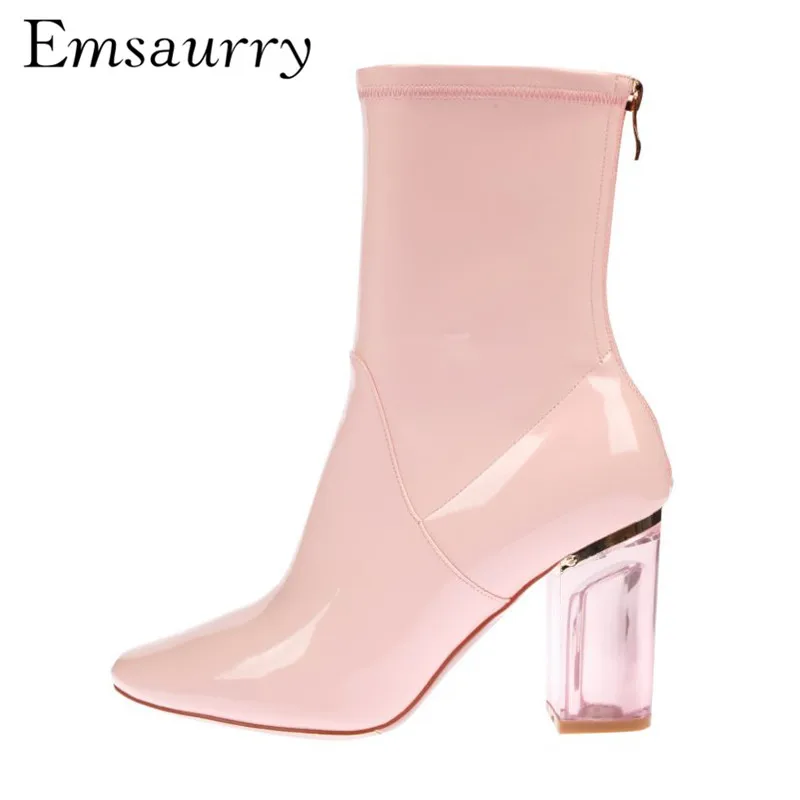 

Jelly Candy Color Ankle Boots Clear Crystal Chunky Heel Square Toe Fashion Catwalk Runway Botas Mujer